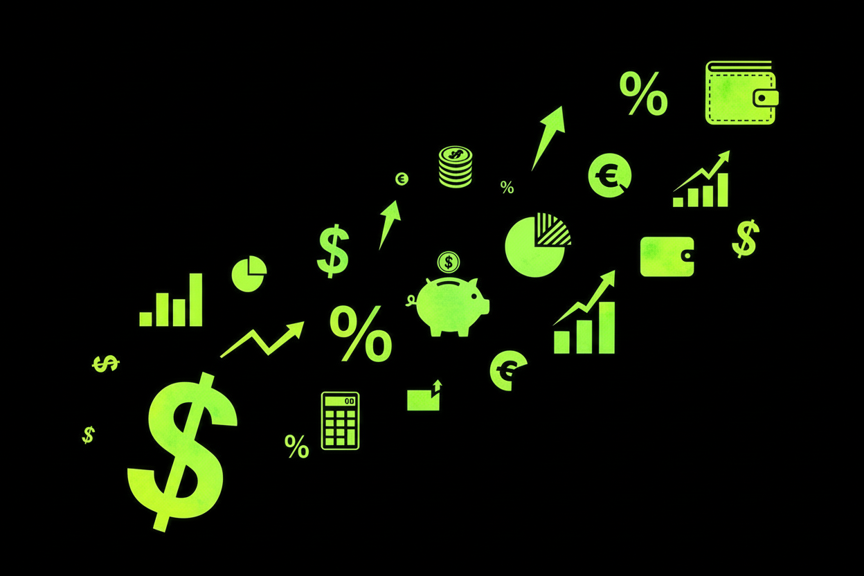 i need a black background then symbols that speak finance in the same green color i used for my buttons on shopify